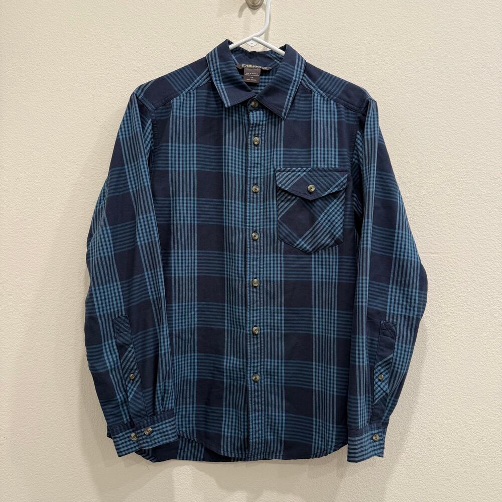 ExOfficio Mens Small Blue Long Sleeve Shirt Cotton Poly Travel Outdoor Hiking
